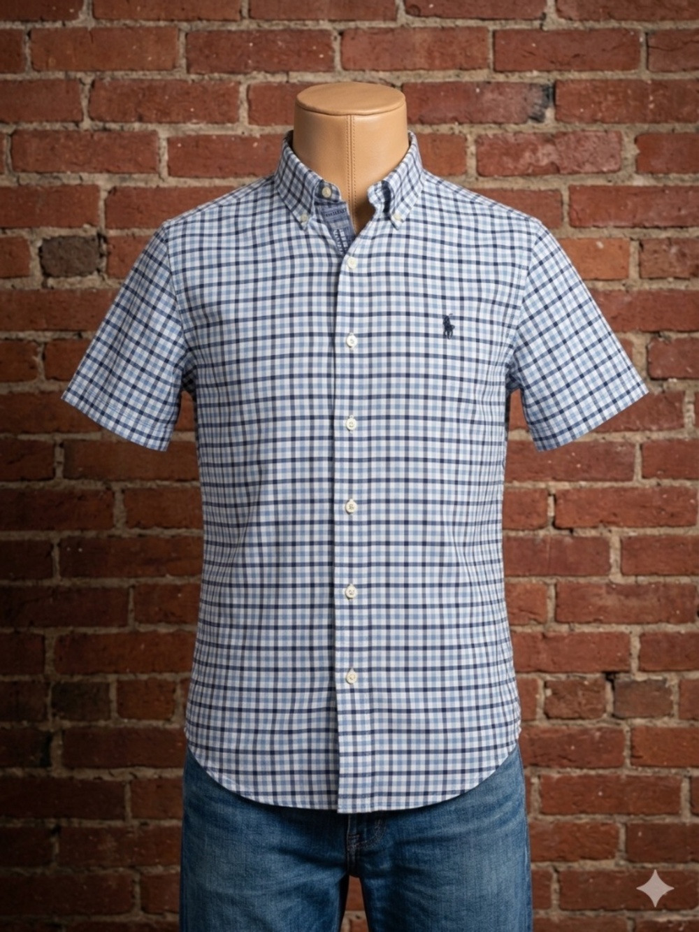 Ralph Lauren Blue and White Check Short-Sleeve Button-Down Shirt